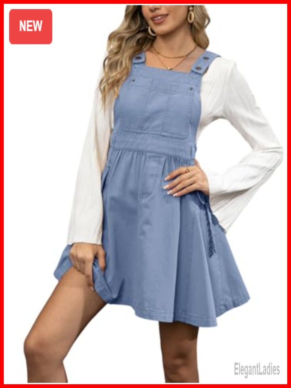 Sleeveless Denim Overall Mini Dress Adjustable Strap Ruffle Swing A-Line